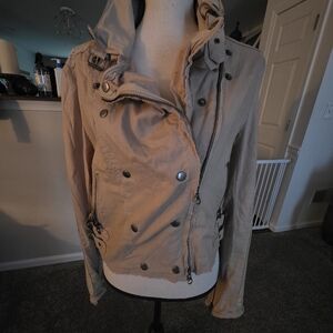 Lightweight Beige Bomber Jacket with Zip & Snap Details